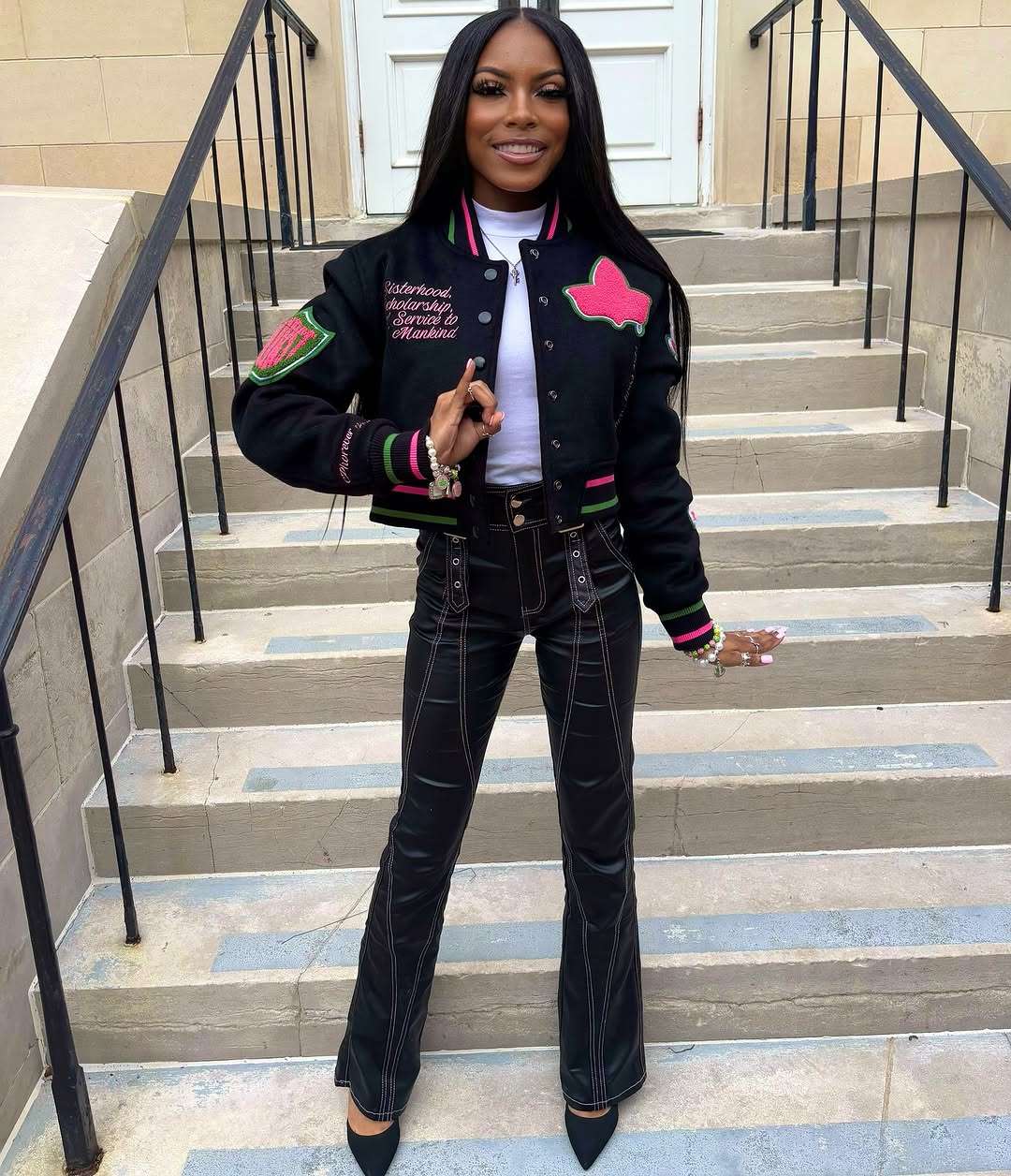 Cropped Timeless Ivy Varsity Letterman Jacket, Black