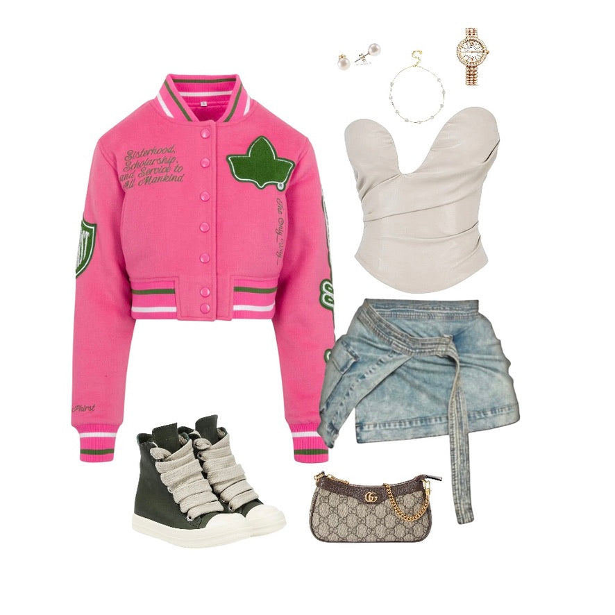 Cropped Timeless Ivy Varsity Letterman Jacket, Pink