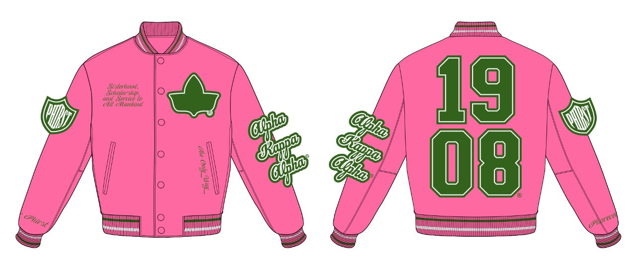 Full Length Timeless Ivy Varsity Letterman Jacket, Pink