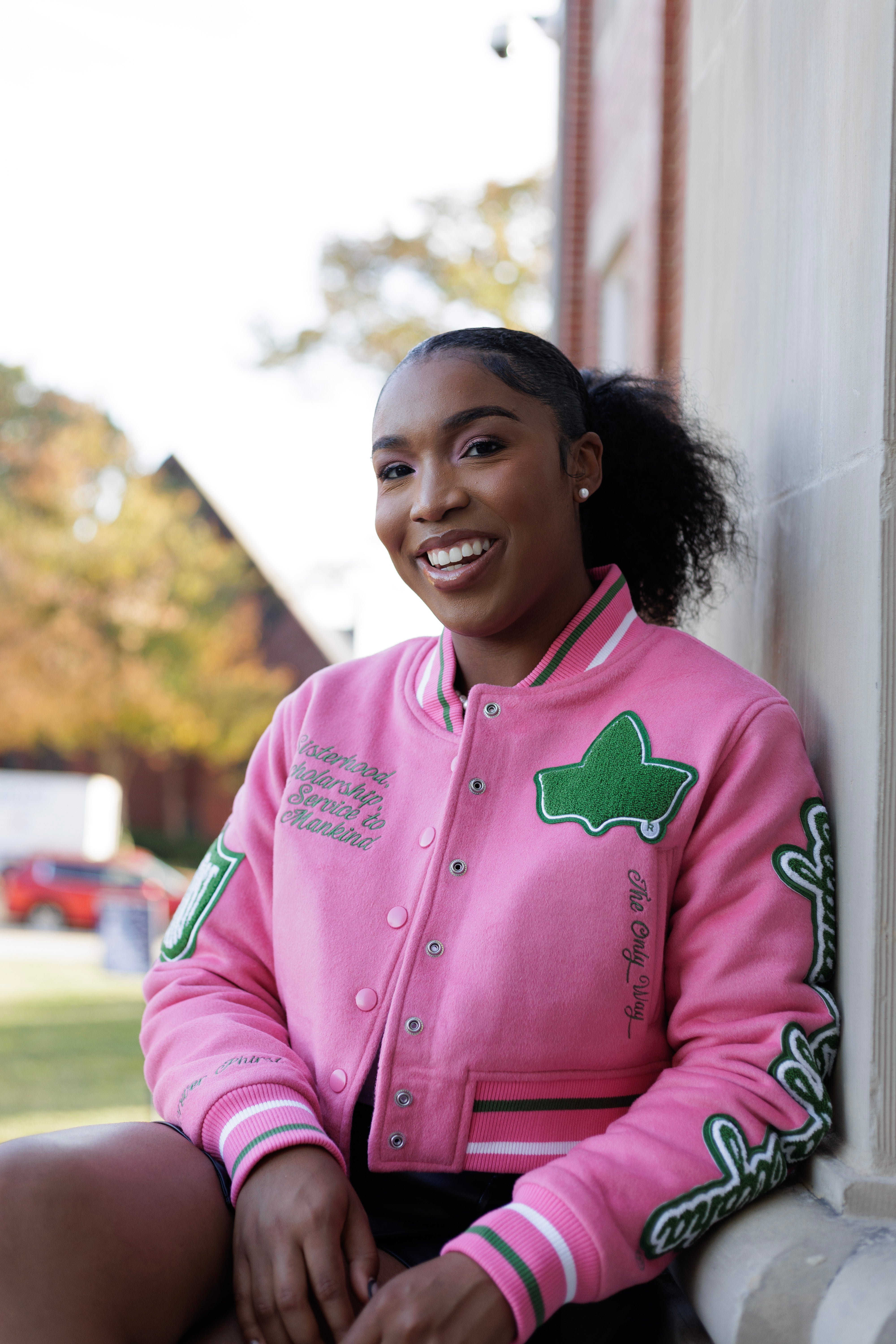 Cropped Timeless Ivy Varsity Letterman Jacket, Pink