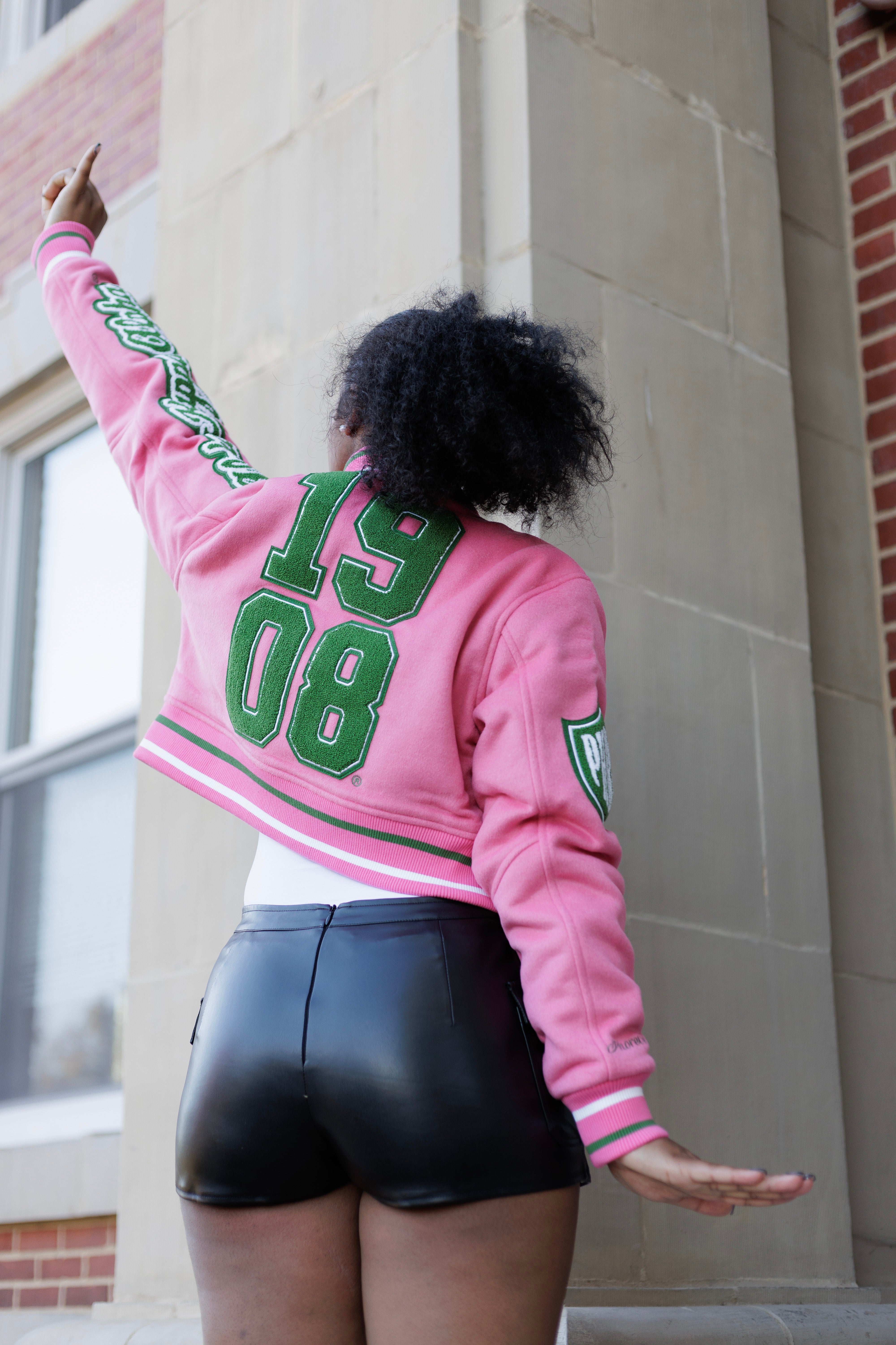 Cropped Timeless Ivy Varsity Letterman Jacket, Pink