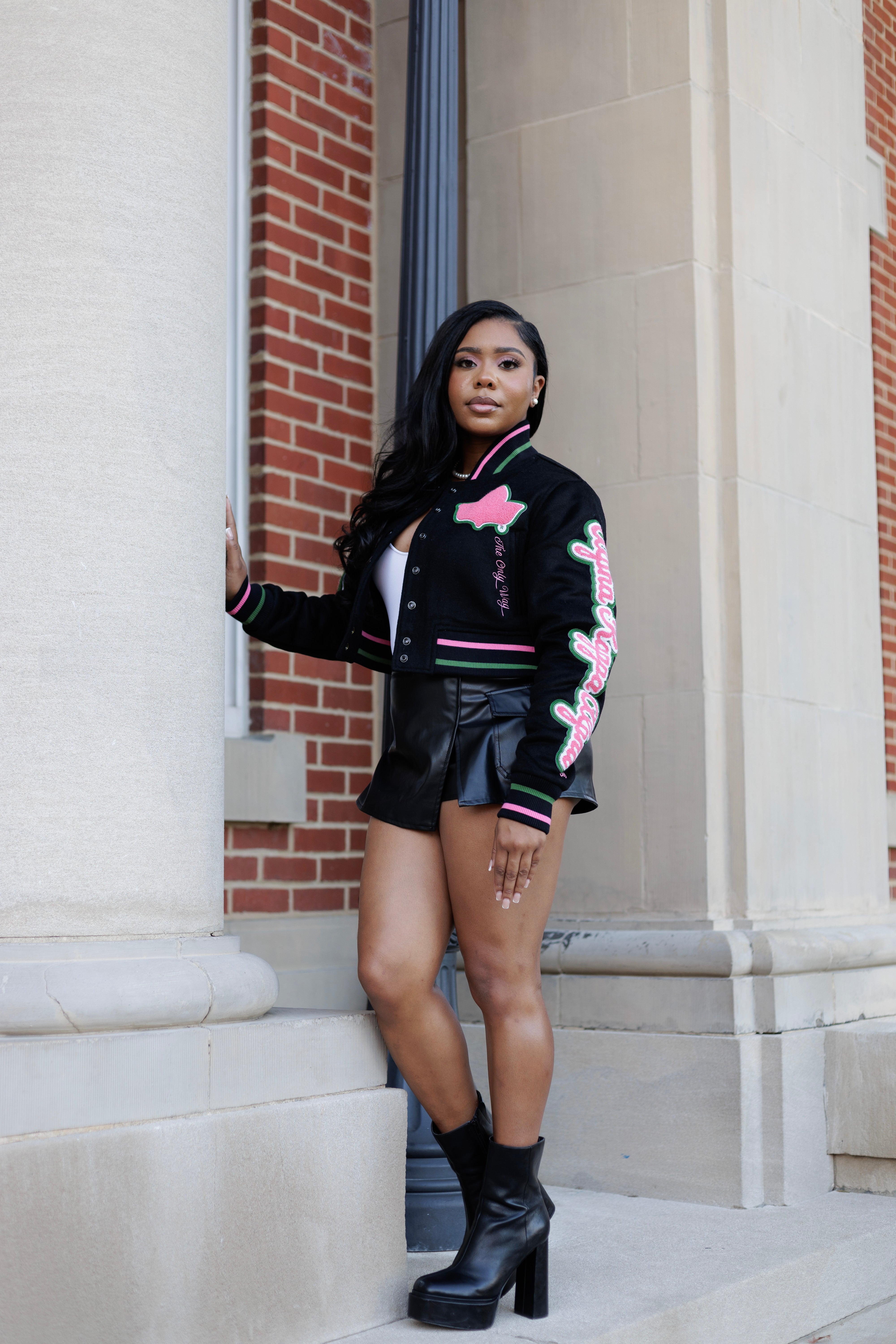 Cropped Timeless Ivy Varsity Letterman Jacket, Black