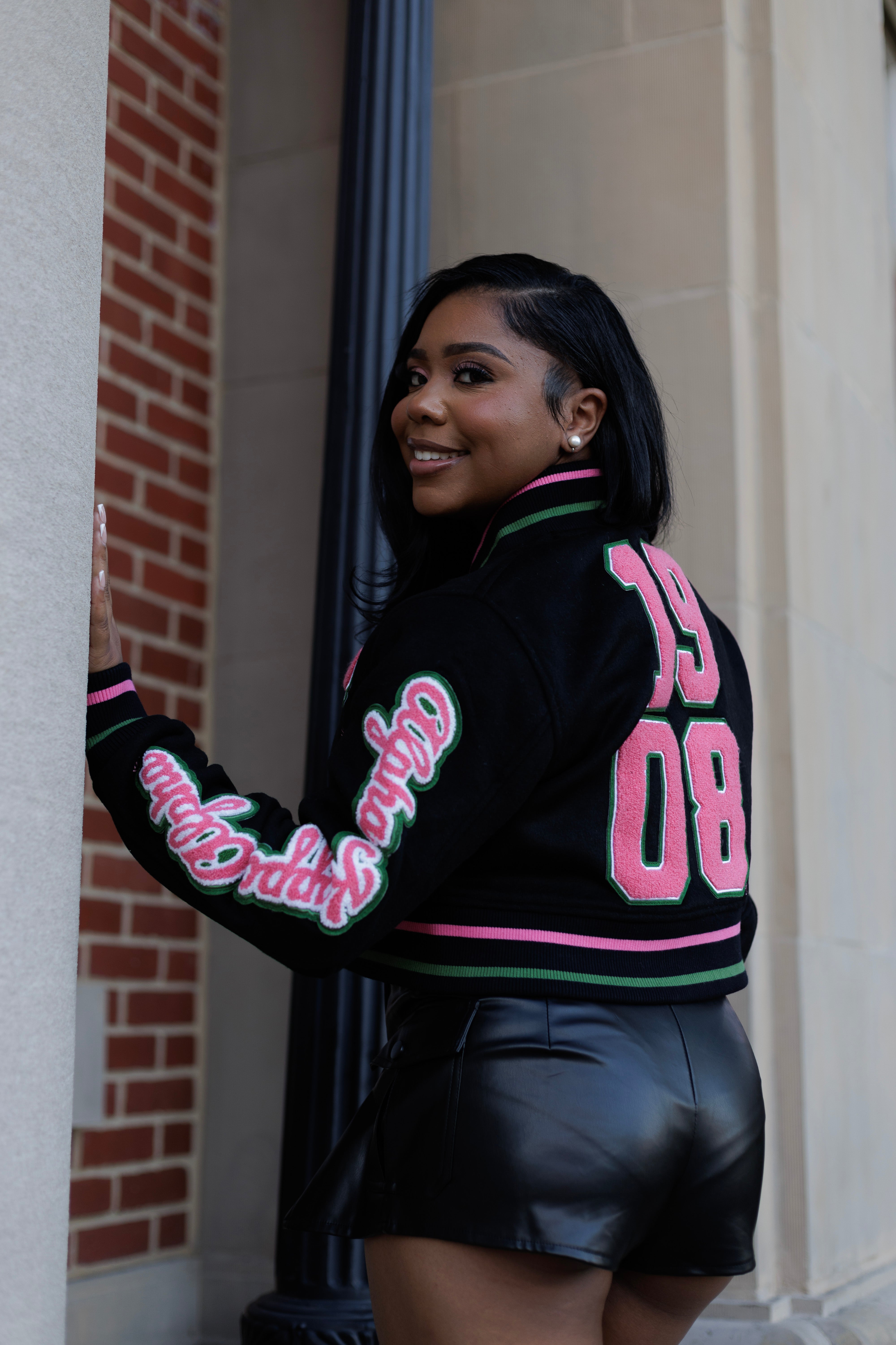 Cropped Timeless Ivy Varsity Letterman Jacket, Black