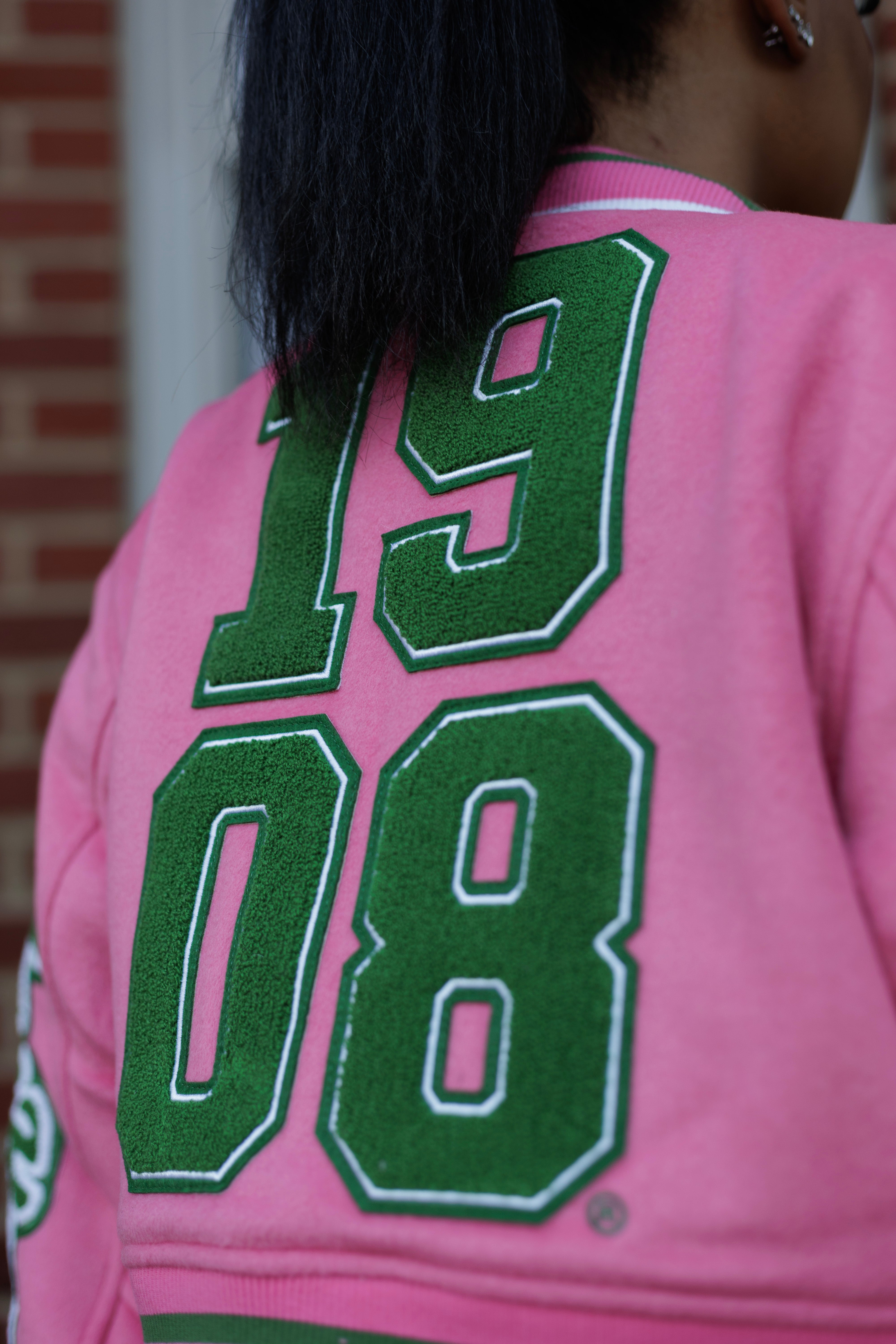 Cropped Timeless Ivy Varsity Letterman Jacket, Pink