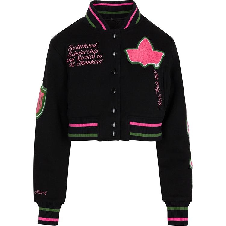 Cropped Timeless Ivy Varsity Letterman Jacket, Black