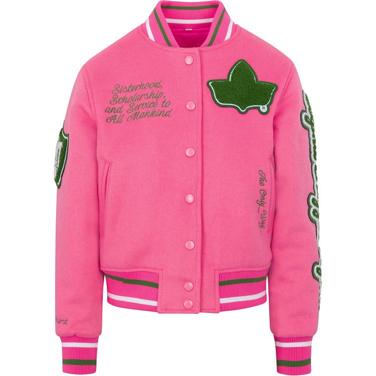 Full Length Timeless Ivy Varsity Letterman Jacket, Pink