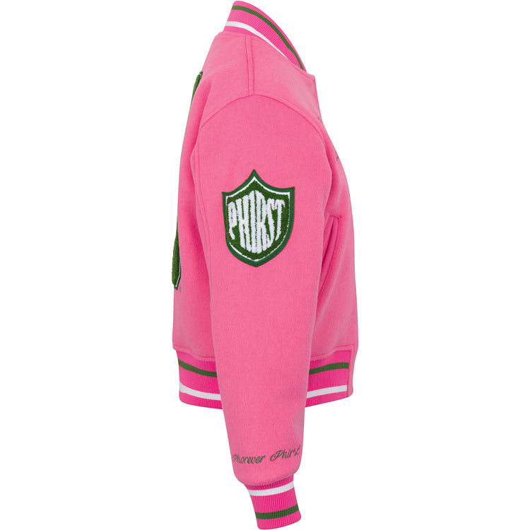 Full Length Timeless Ivy Varsity Letterman Jacket, Pink