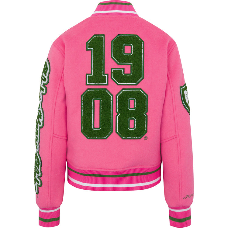 Full Length Timeless Ivy Varsity Letterman Jacket, Pink