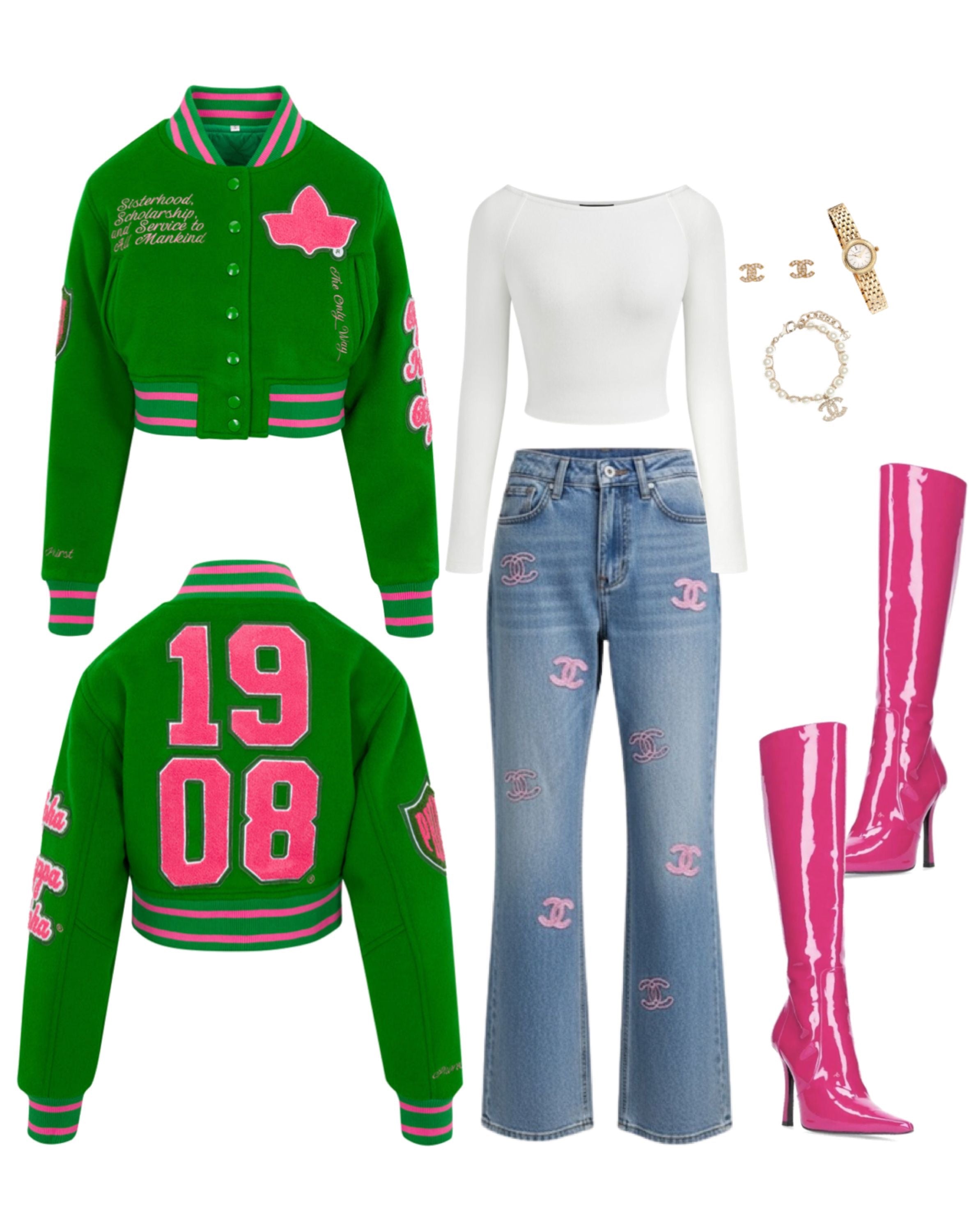 Cropped Timeless Ivy Varsity Letterman Jacket, Green
