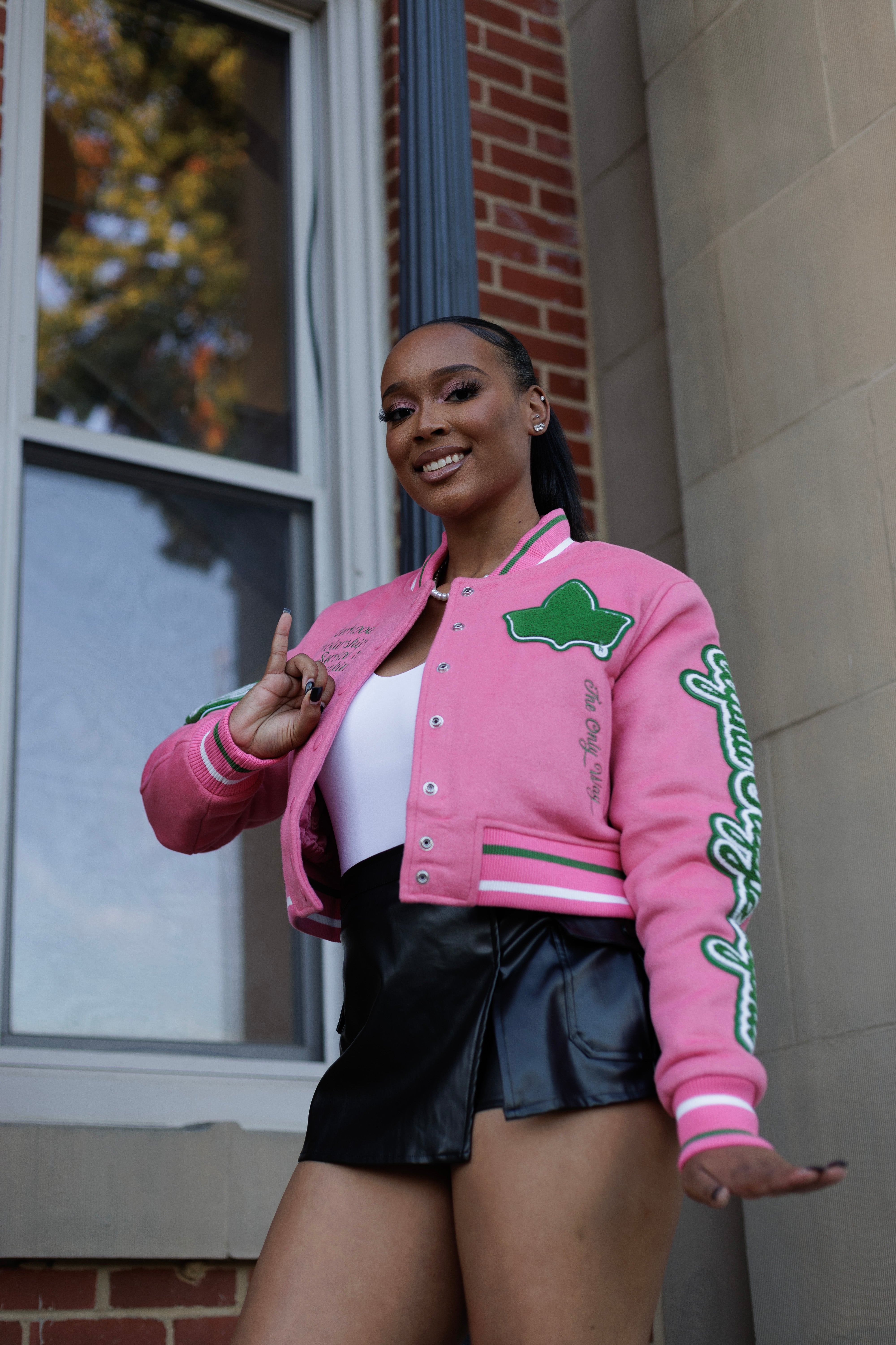 Cropped Timeless Ivy Varsity Letterman Jacket, Pink