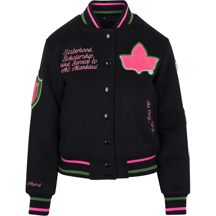 Full Length Timeless Ivy Varsity Letterman Jacket, Black
