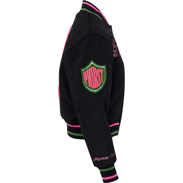 Full Length Timeless Ivy Varsity Letterman Jacket, Black