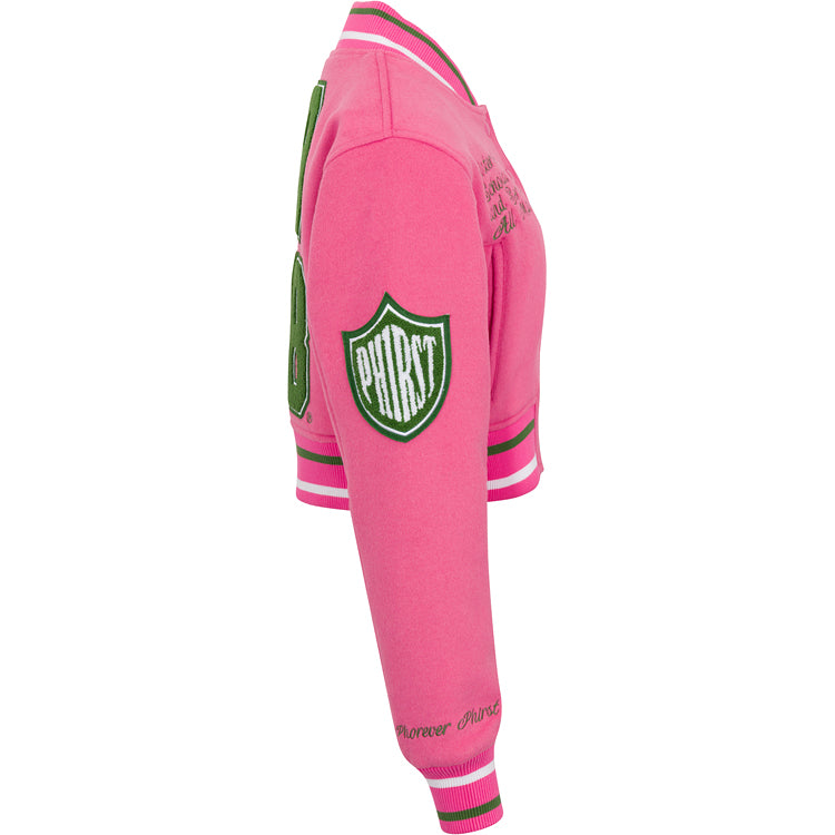 Cropped Timeless Ivy Varsity Letterman Jacket, Pink