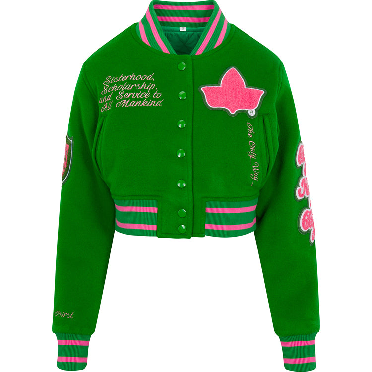 Cropped Timeless Ivy Varsity Letterman Jacket, Green